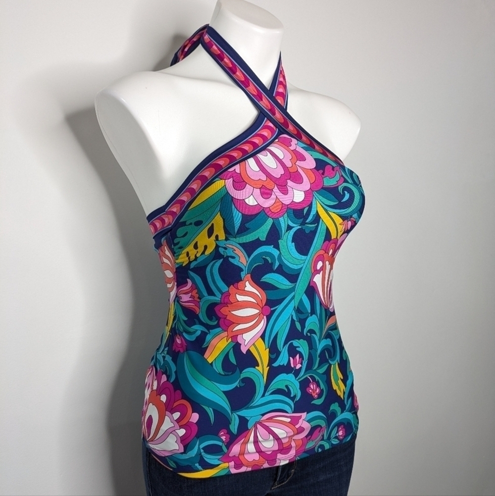 NWT Trina Turk India Garden blue high tie neck reversible tankini bikini top 2 - Picture 3 of 11